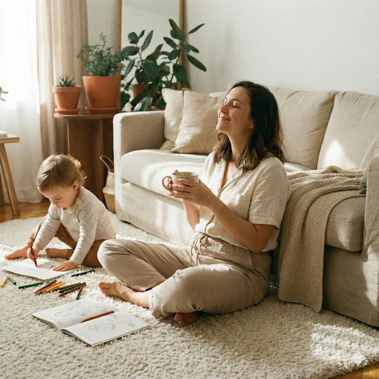 Momento en familia en casa: niño creando con crayones y mamá descansando