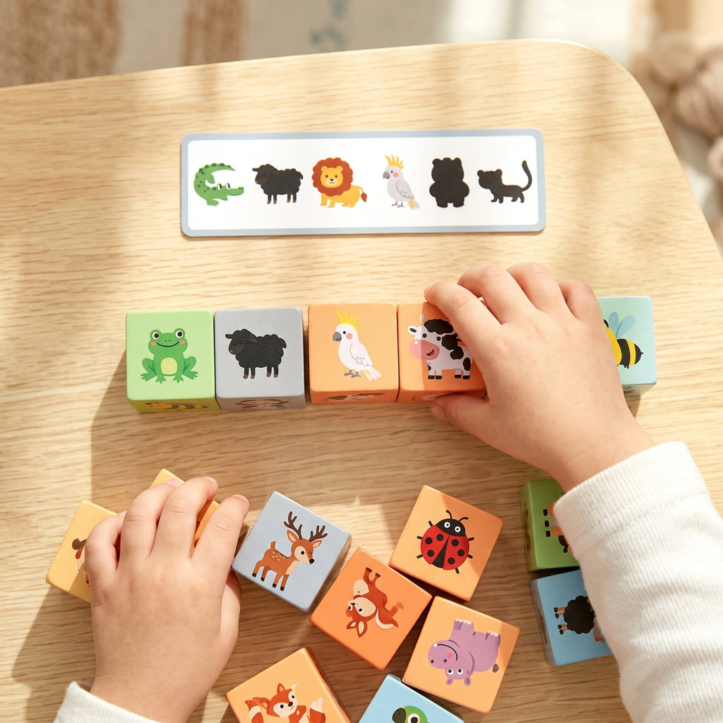 Niño ordenando bloques de animales para reproducir una secuencia del juego Animal Ranking Battle.