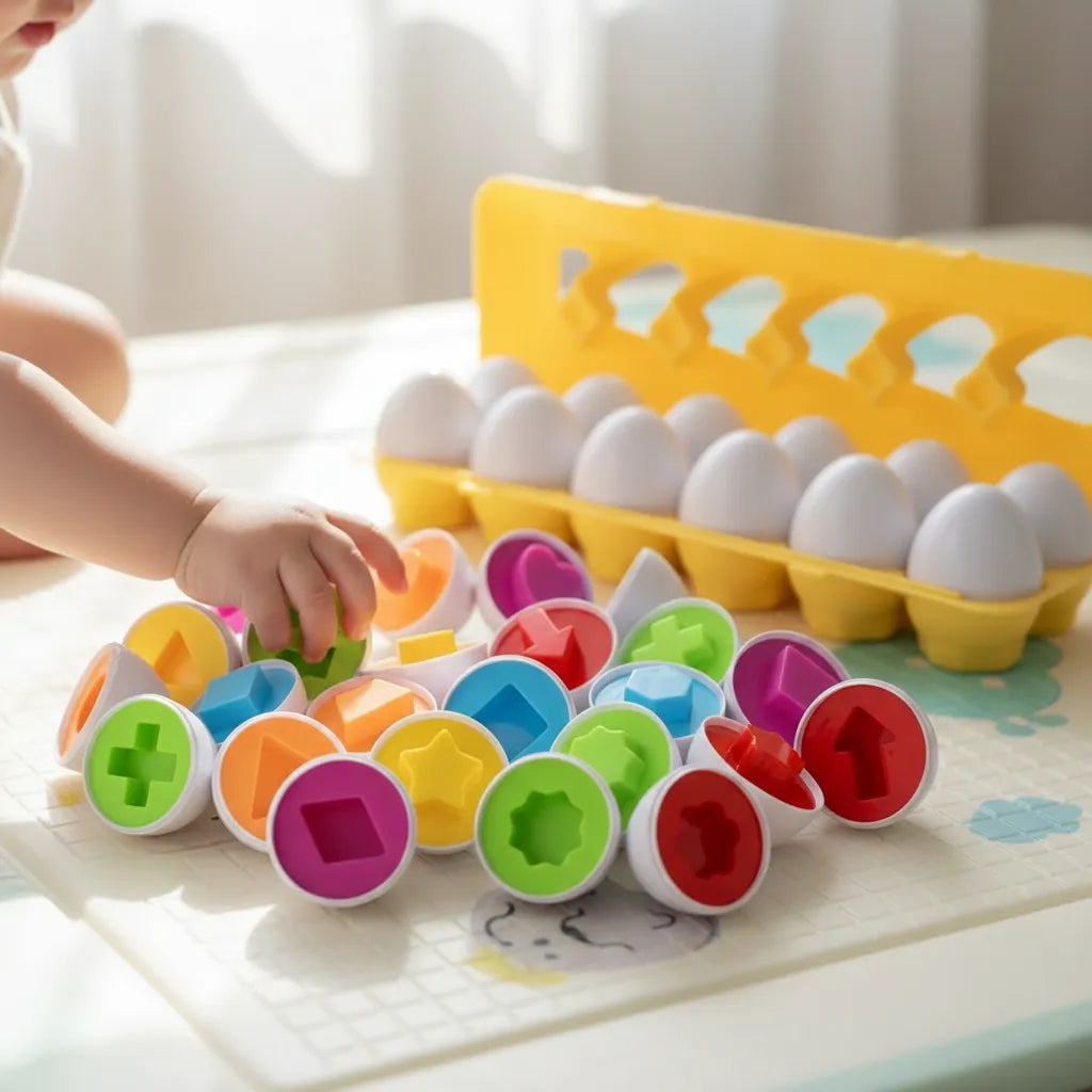 Bebé jugando con los Huevitos Sensoriales sobre una manta de actividades en el piso
