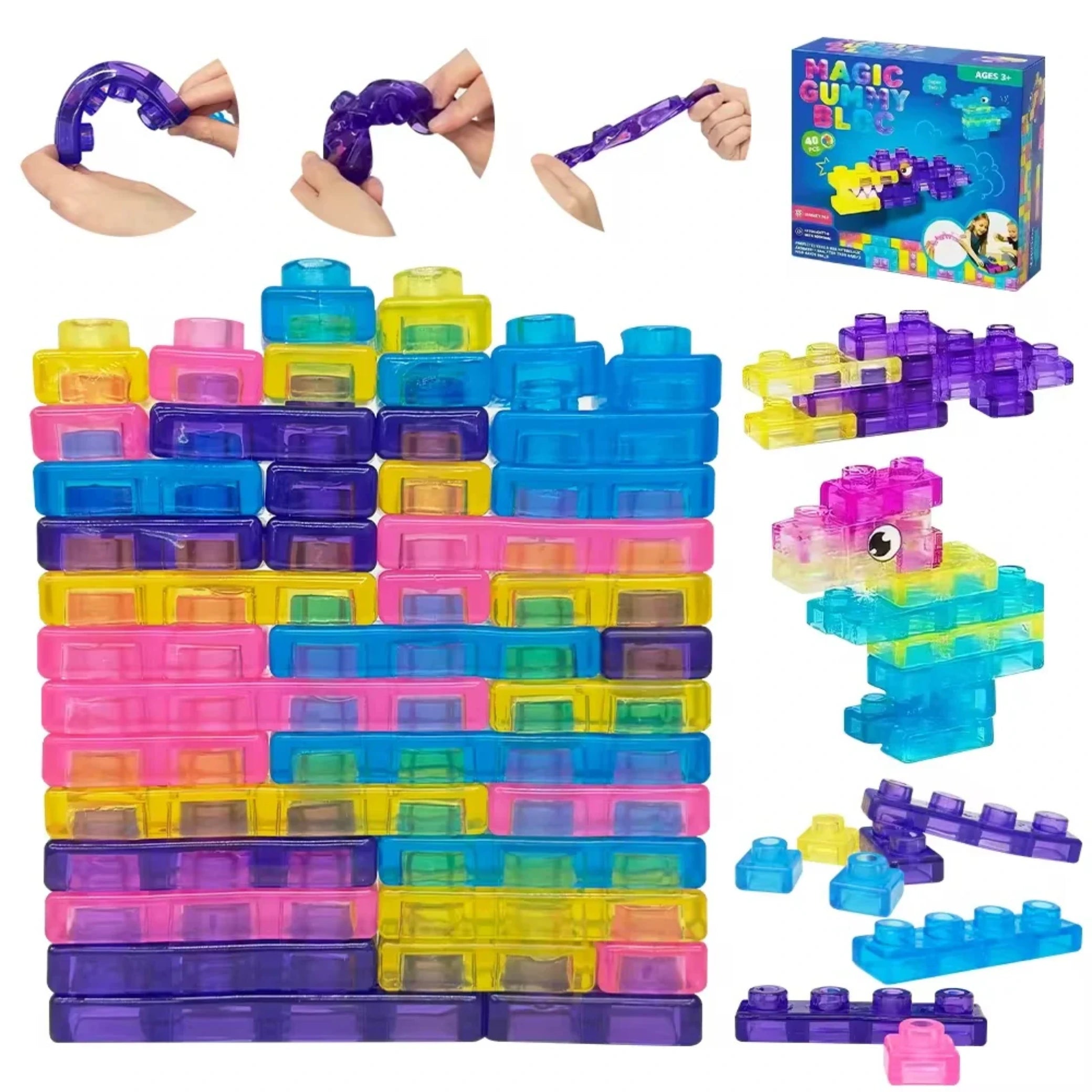 Collage de Gummy Blocks mostrando la textura squishy, la caja del producto y piezas apiladas en torre