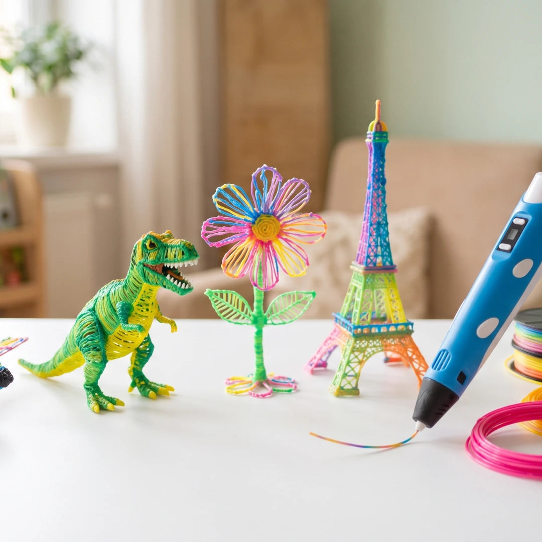Dinosaurio, flor y torre creados con lápiz impresora 3D — Magnolia Chile