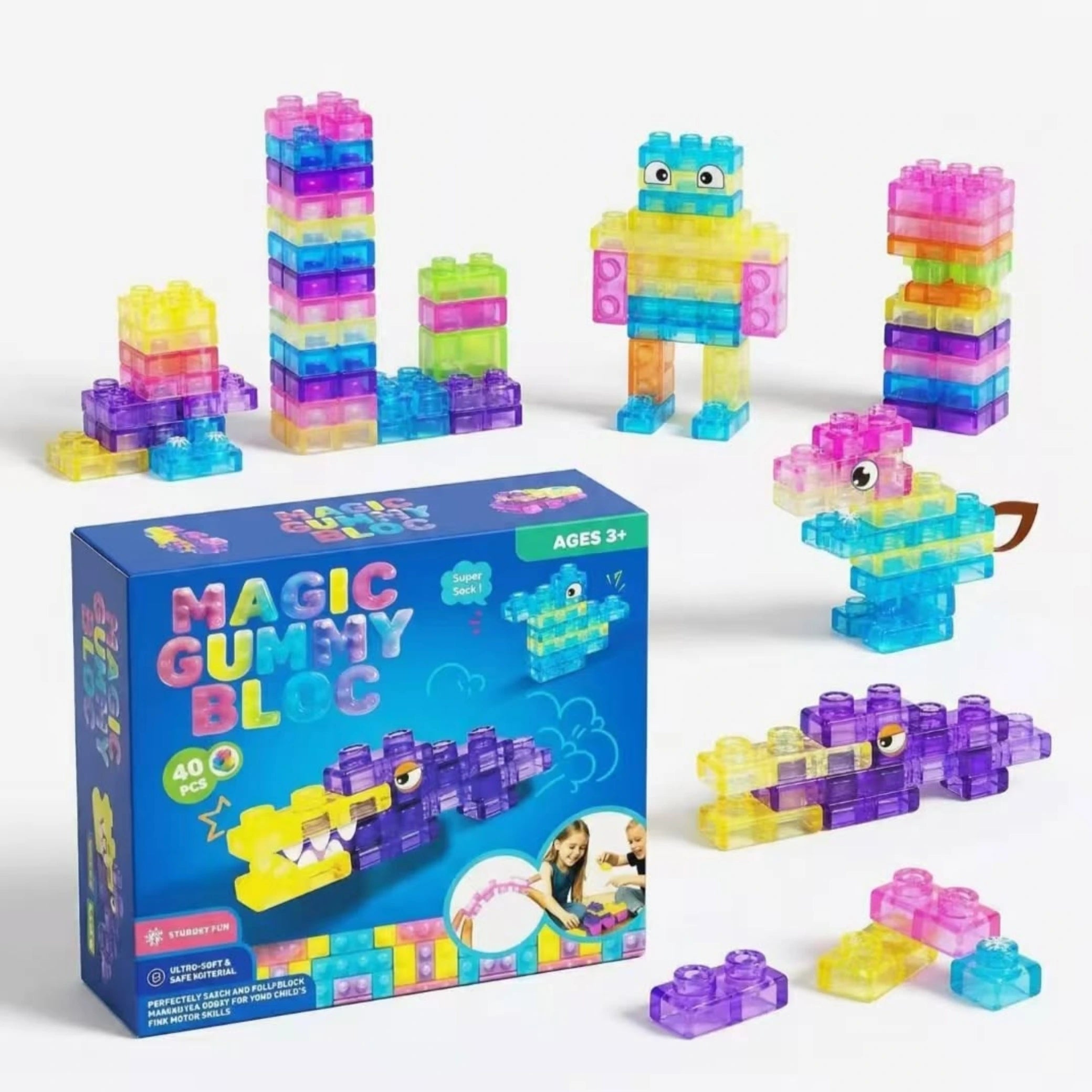 Figuras armadas con Gummy Blocks — robot, cocodrilo y jirafa — junto a la caja del producto