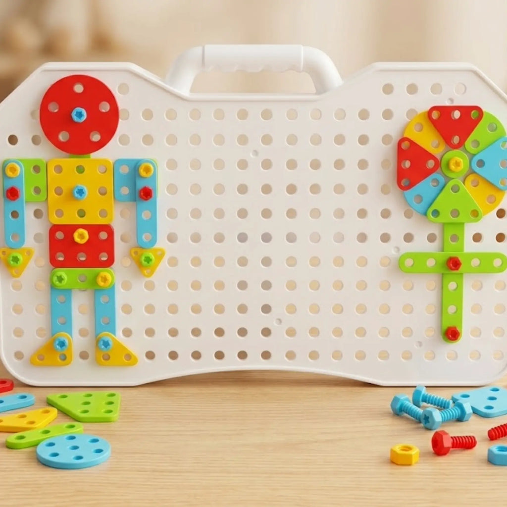 Robot y flor creados con piezas de colores sobre el panel de construcción.
