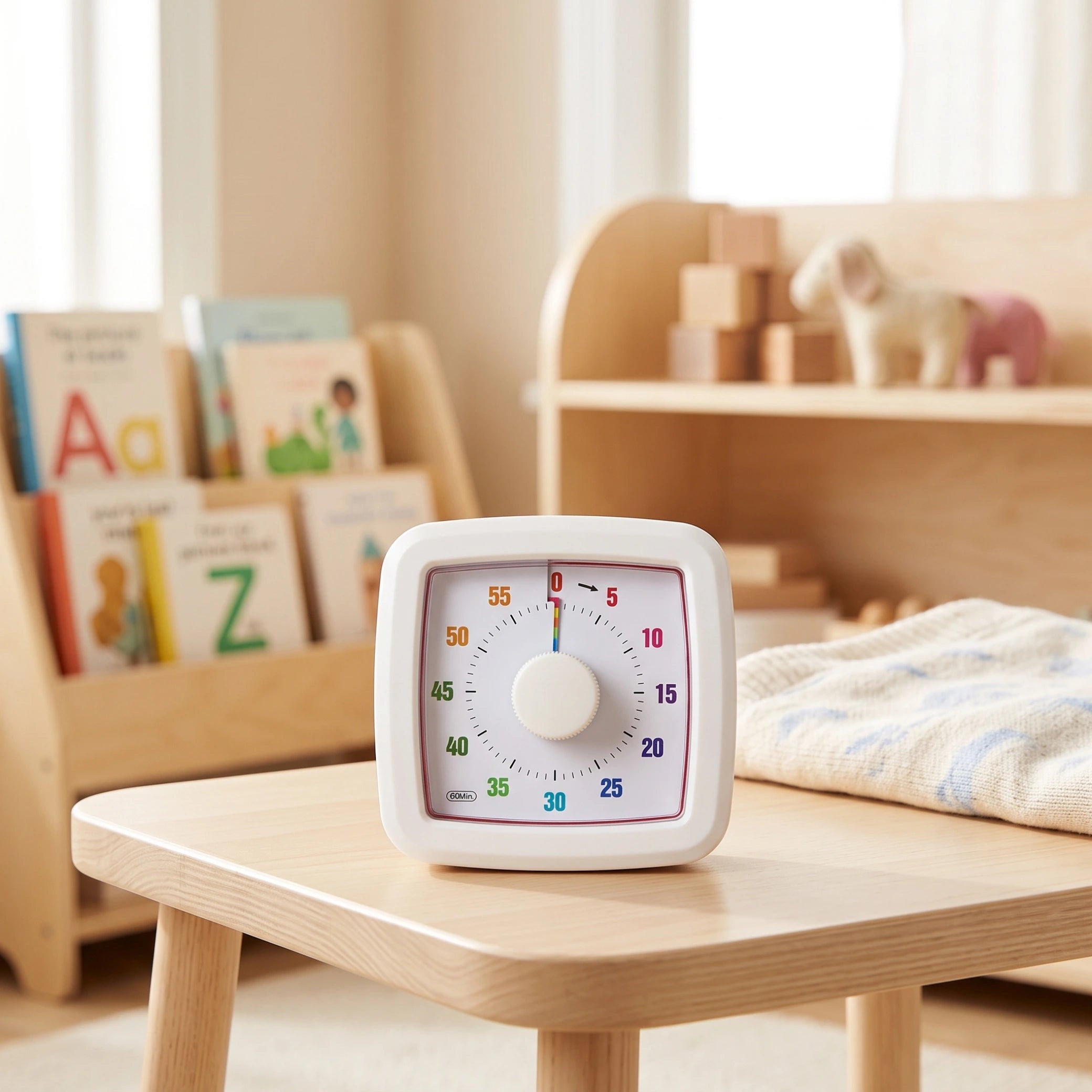 MINU temporizador visual sobre mesa infantil para acompañar rutinas y actividades de los niños.