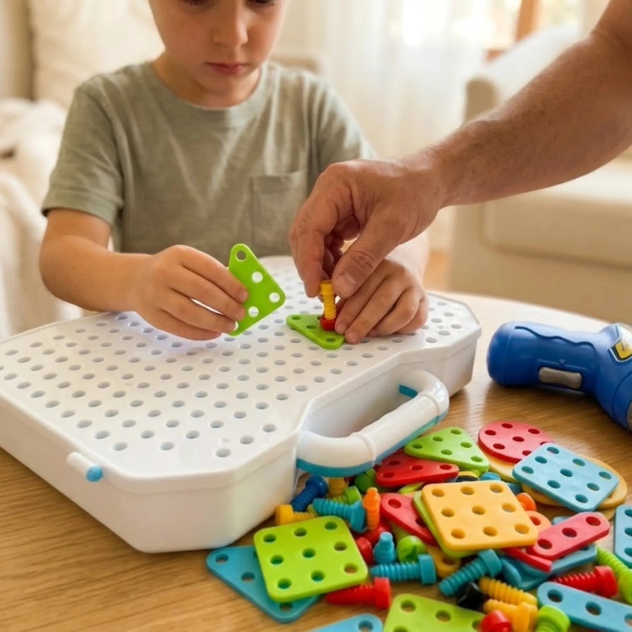 Niño y adulto construyendo juntos con piezas de colores sobre la maleta.