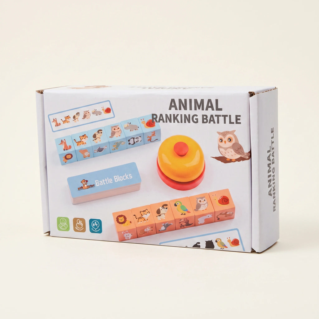 Caja del juego de bloques de animales Animal Ranking Battle con tarjetas y timbre.