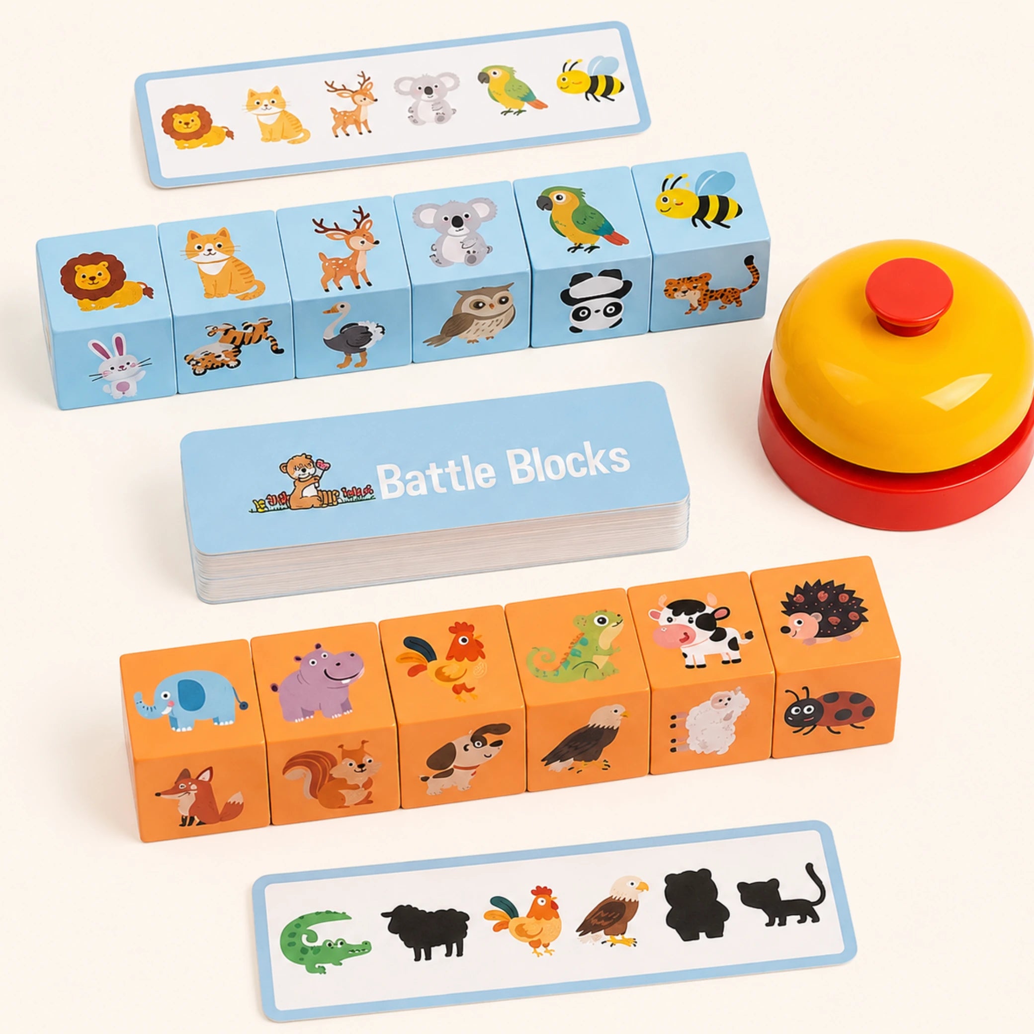 Juego de bloques de animales con 12 cubos de madera, tarjetas de desafío y timbre.
