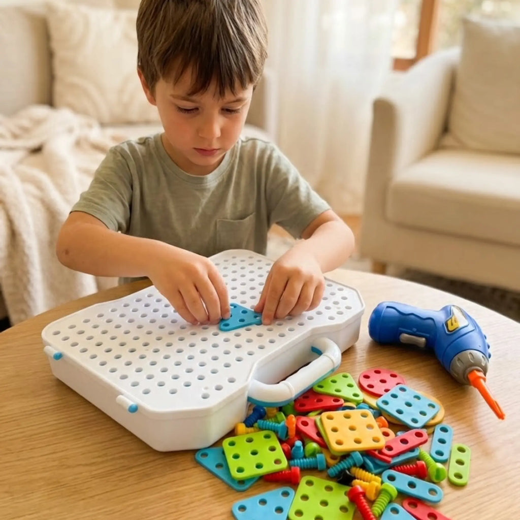Niño concentrado armando una figura con el kit de construcción y su taladro.