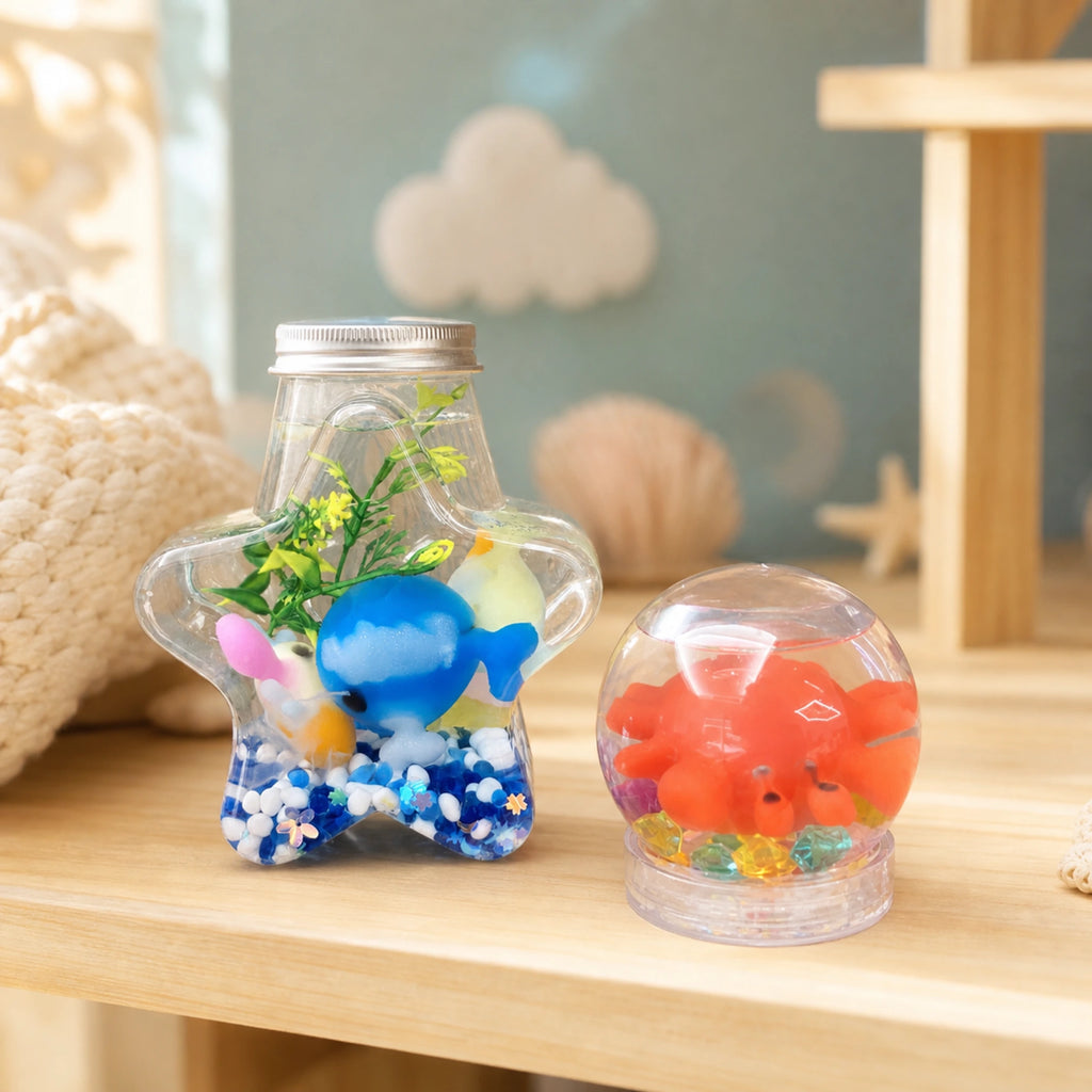 Kit Aqua Fairy con botella sensorial marina y pecera de pulpo sobre una repisa infantil de madera — Magnolia Chile