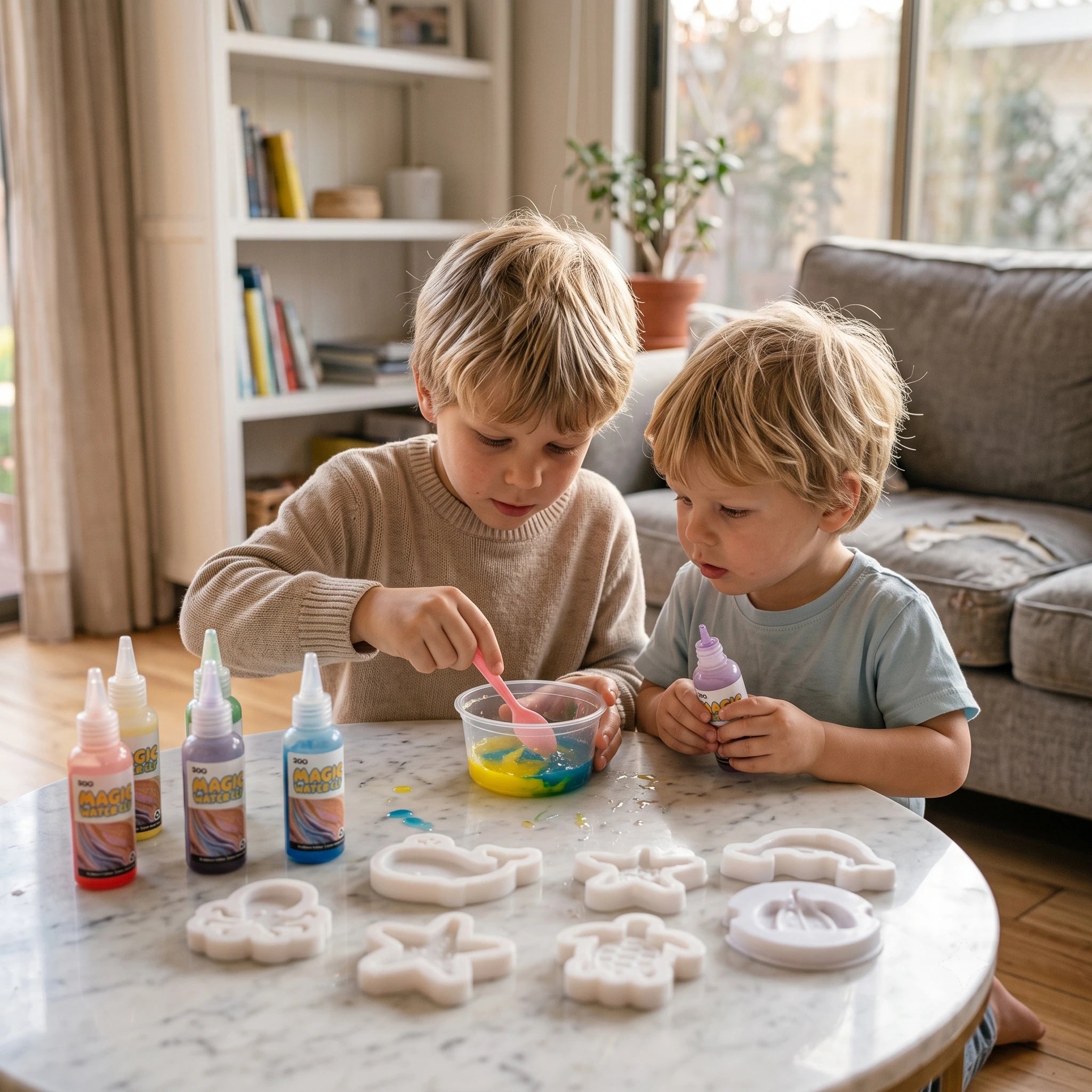Dos niños creando figuras de colores con el Kit Aqua Fairy — Magnolia Chile