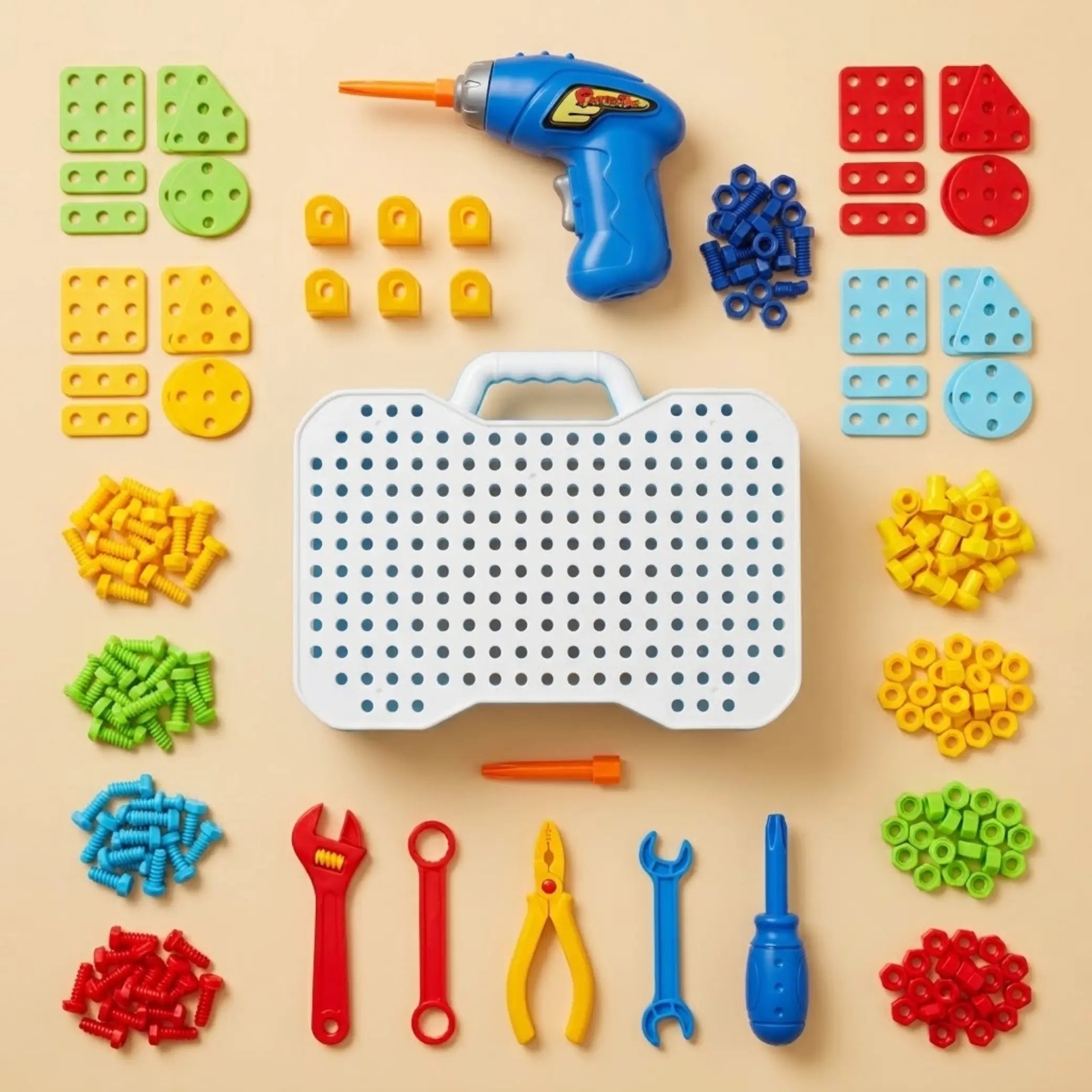 Kit de construcción con maleta, taladro, herramientas y piezas de colores.