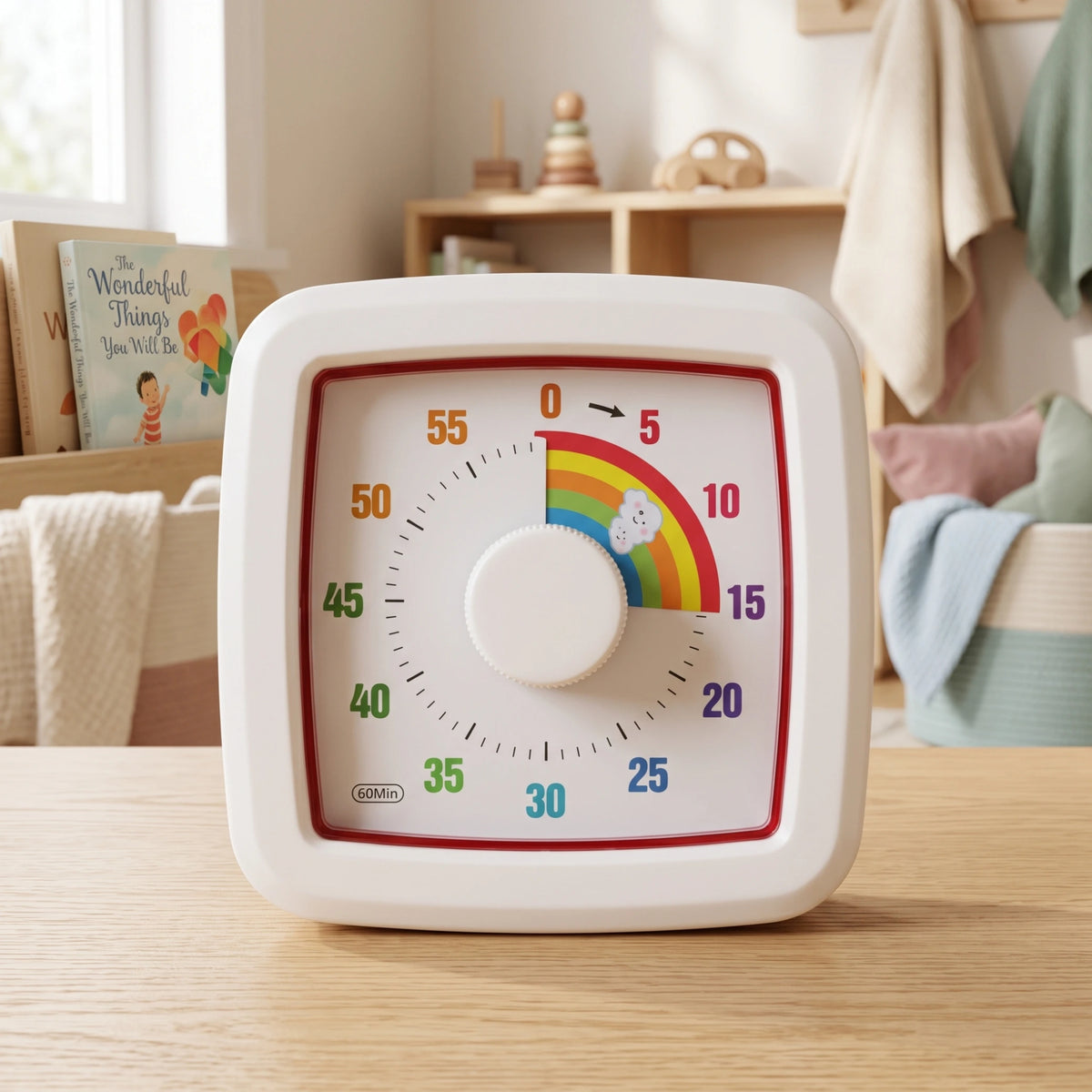 MINU temporizador visual infantil de 60 minutos con indicador de tiempo en arcoíris.