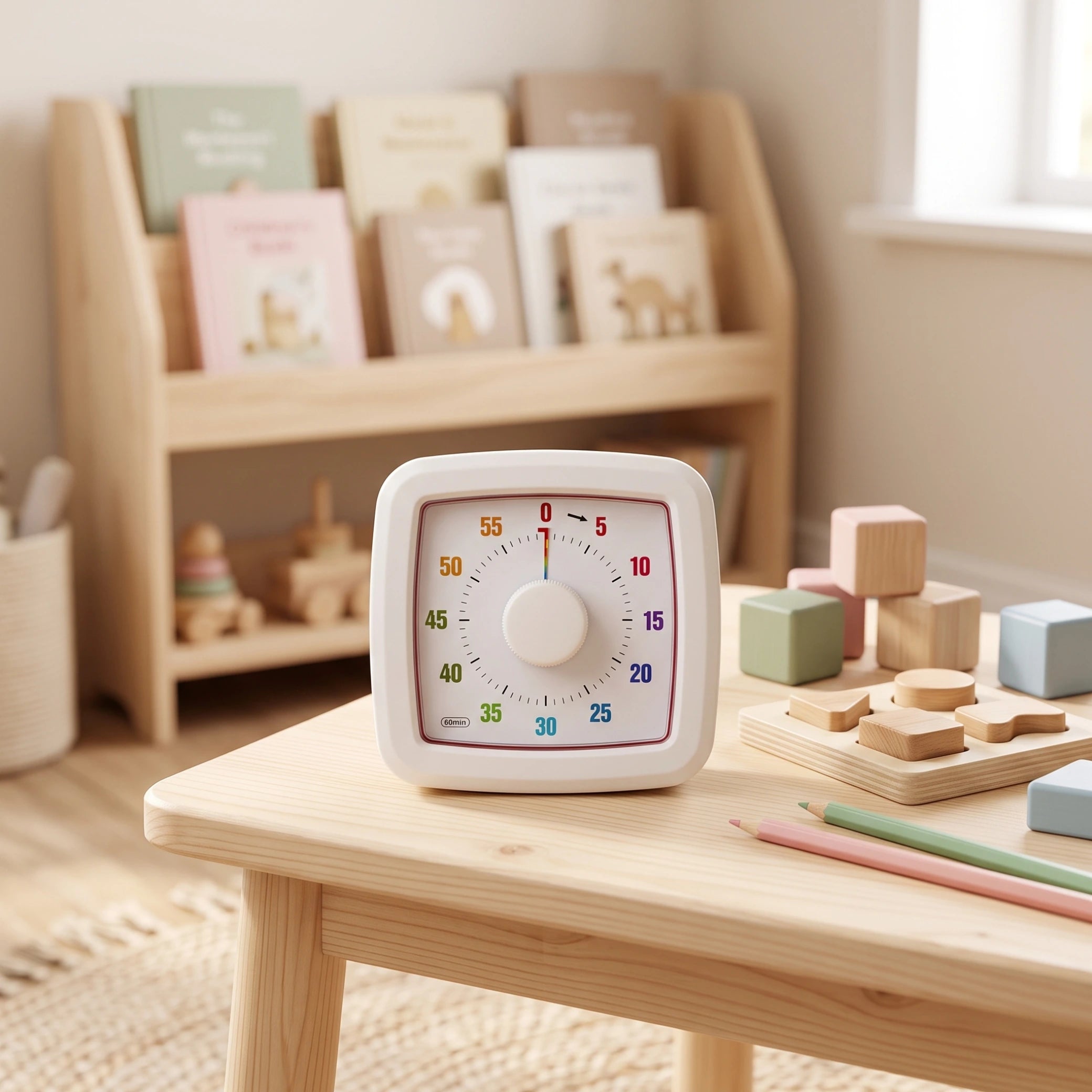 MINU temporizador visual infantil sobre mesa de actividades y juegos.
