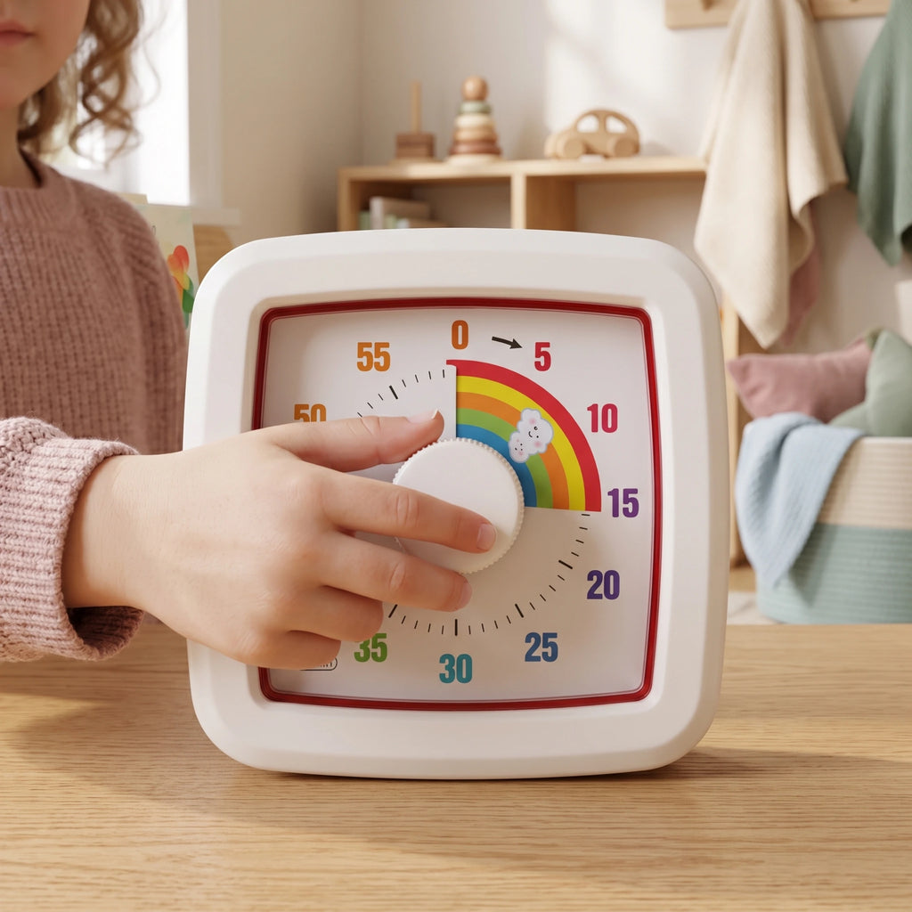 Niño ajustando la perilla de MINU para seleccionar visualmente el tiempo de una actividad.