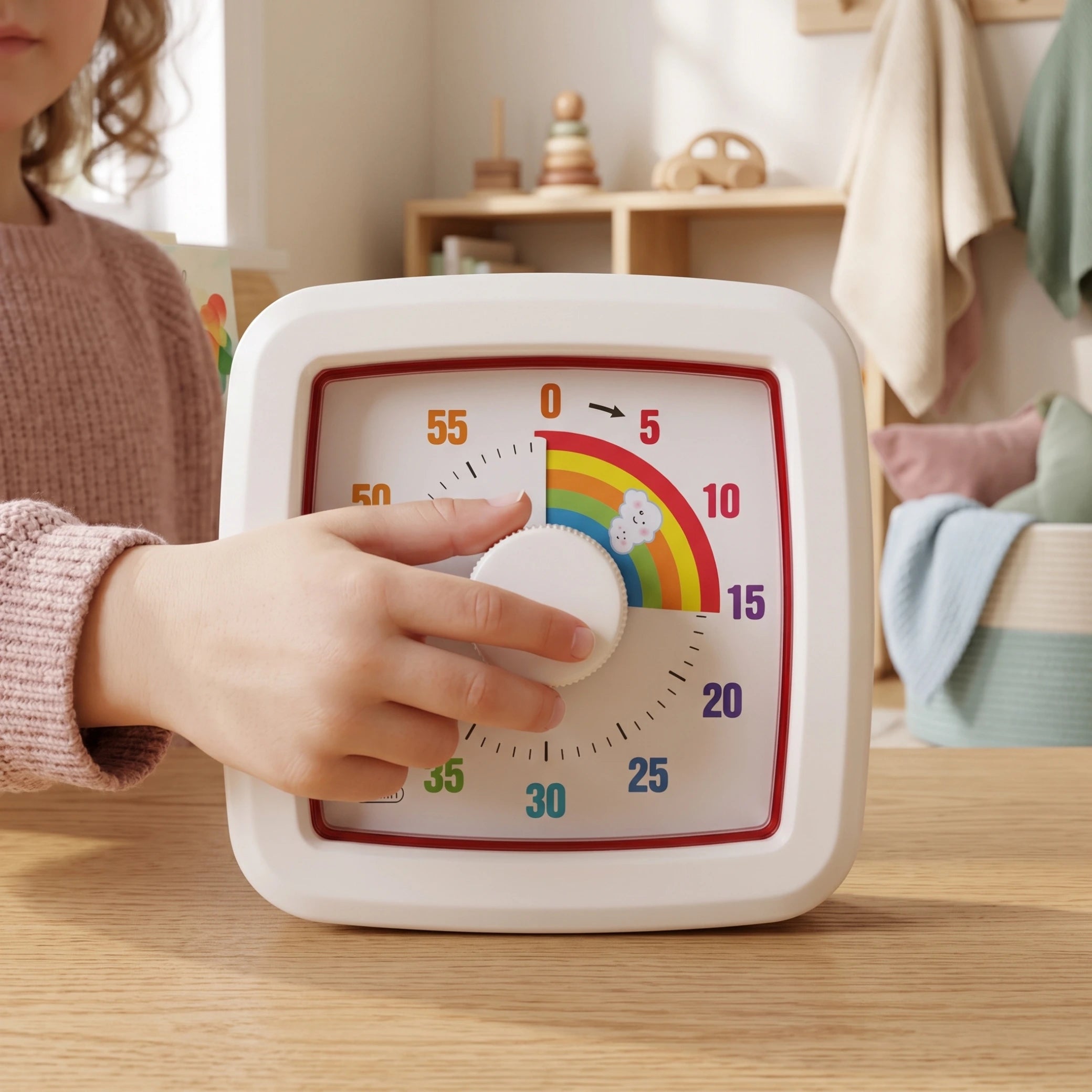 Niño ajustando la perilla de MINU para seleccionar visualmente el tiempo de una actividad.