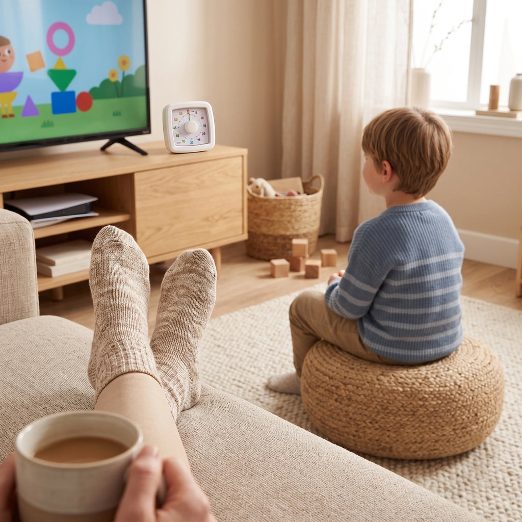 Niño utilizando MINU, temporizador visual de 60 minutos, para anticipar el tiempo de pantalla.