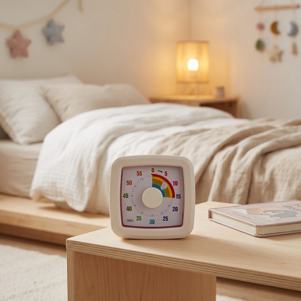 MINU temporizador visual en dormitorio infantil para acompañar rutinas como la hora de dormir.