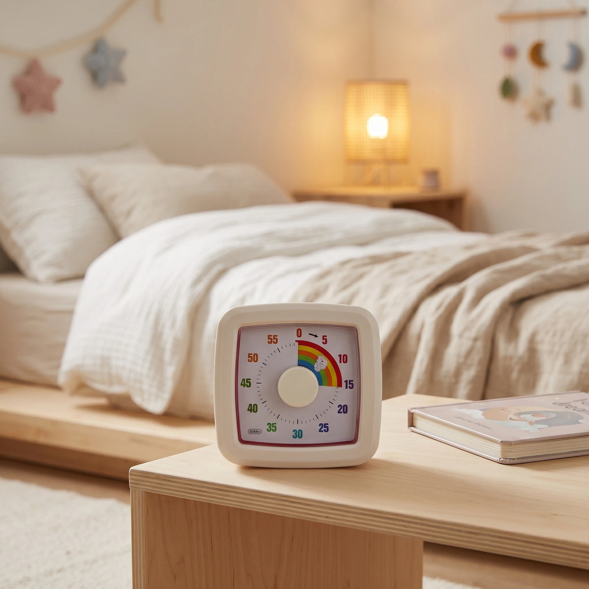 MINU temporizador visual en dormitorio infantil para acompañar rutinas como la hora de dormir.