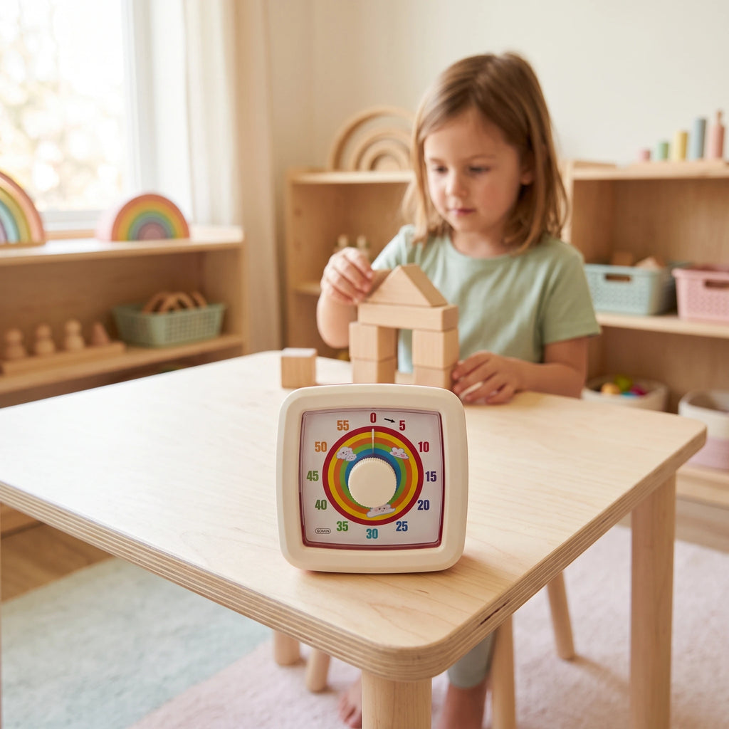 Niña jugando con bloques junto a MINU, temporizador visual para comprender cuánto tiempo queda.