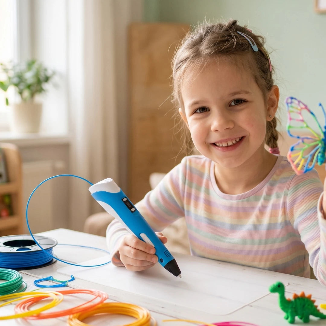 Niña mostrando una mariposa creada con lápiz impresora 3D — Magnolia Chile