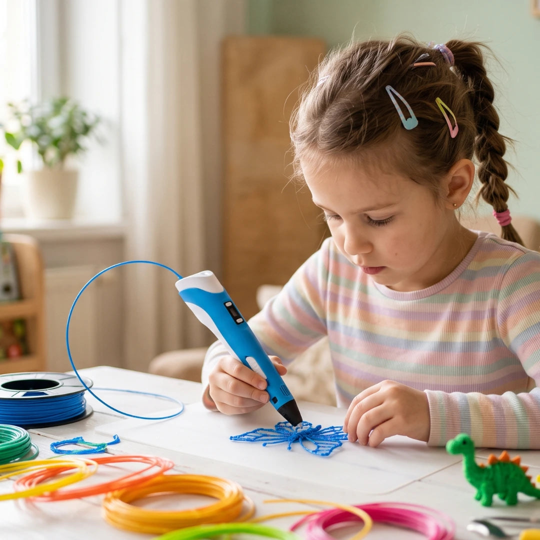 Niña concentrada creando una figura con lápiz impresora 3D azul — Magnolia Chile