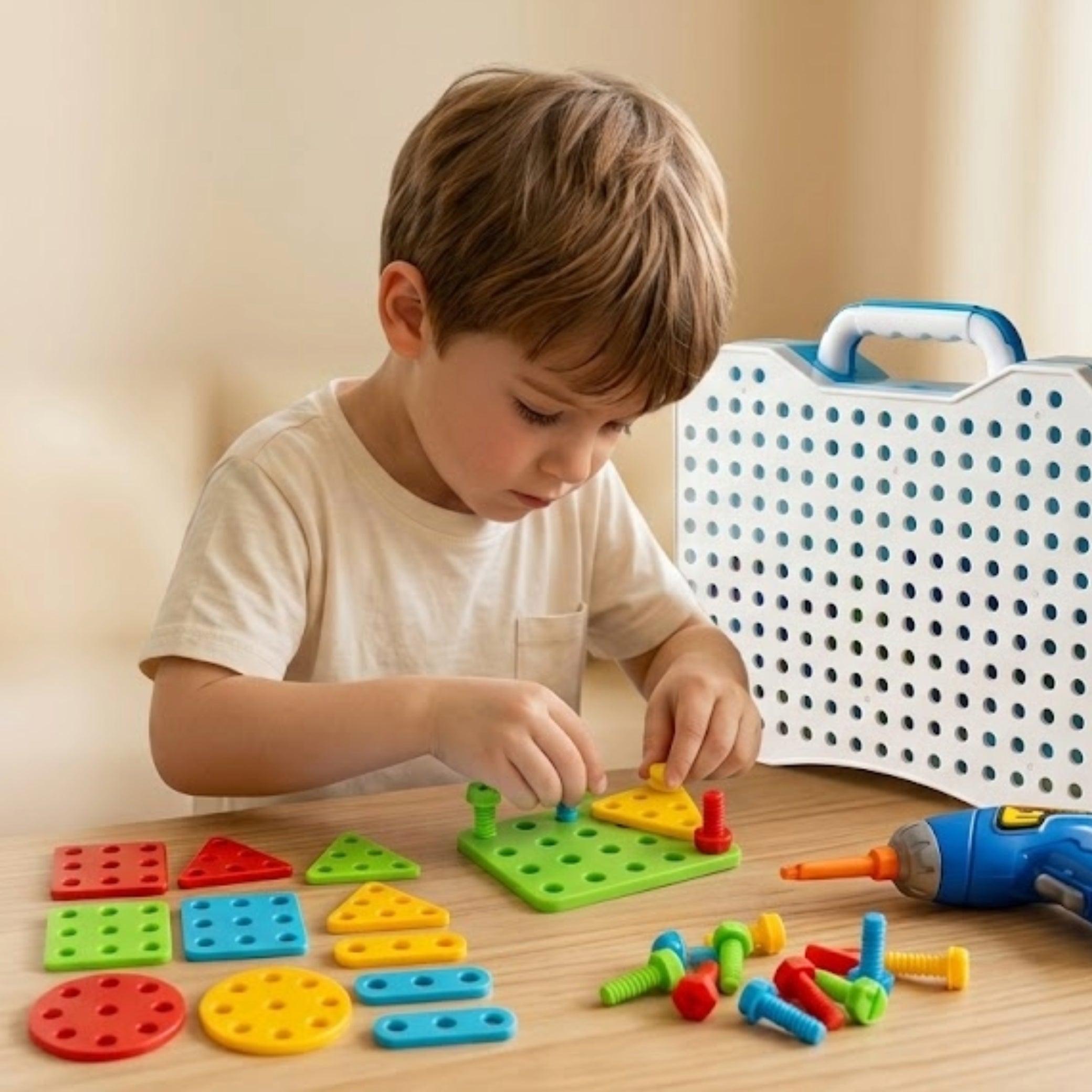 Niño armando una figura con piezas de colores junto a la maleta de construcción