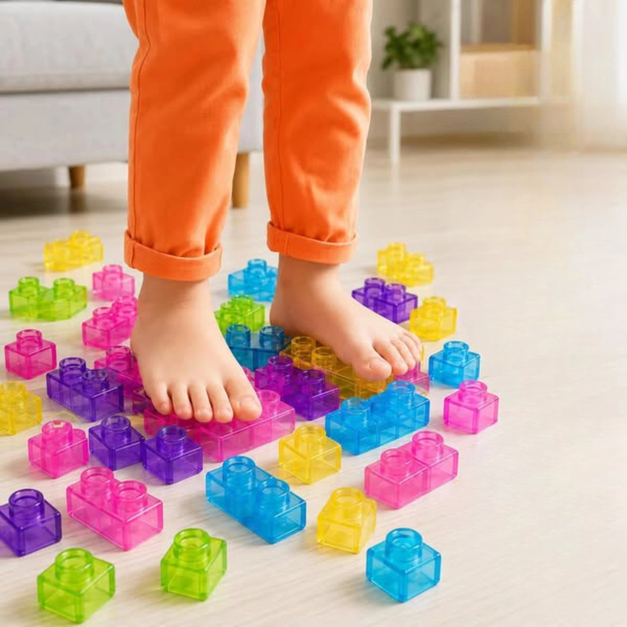 Niño descalzo caminando sobre piezas Gummy Blocks de colores en el piso de living