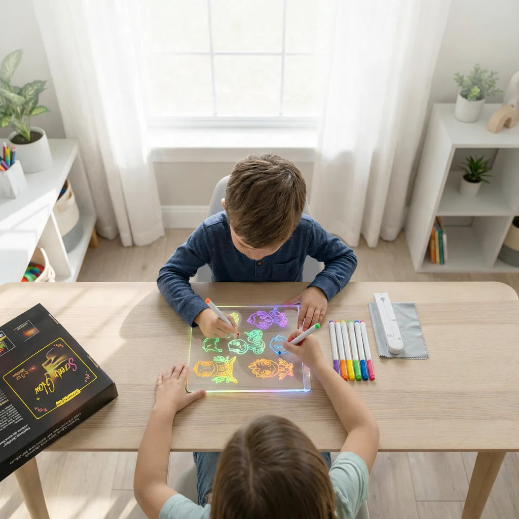 Dos niños dibujando figuras luminosas de colores en la Pizarra LED LumiBoard